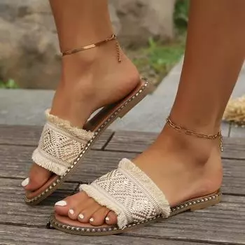 Women Slippers New Simple Casual Beach Slippers Fashion Cane Weave Open Toe Flat Flip Flops Summer Outwear Ladies Sandals 37 хаки