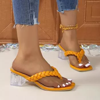 Women Slippers New Summer Fashion Sandals Chunky Heel Square Toe Solid Color Slippers Women Luxury Designer Shoes Slides Women 36 чёрный