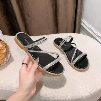 Women Slippers New Summer rhinestone Flat Shoes Fashion Slip on Slides Outdoor Female Casual Women Sandals slides Plus Size 41 36 бежевый