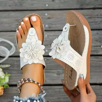 Women Slippers Open Toe Slip on Shoes Women Flower Decor Thong Sandals Comfortable Slippers Fashion Flip Flops Home Slides Women 36
