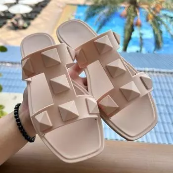 Women Slippers Rivet Slippers Women s Summer Outside Fashion Roman Sandals Outdoor Flat Slippers for Women Designer Sandals 36 абрикосовый