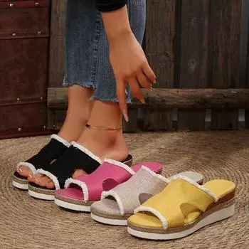 Women Slippers Solid Slip on Casual Open Toe Wedges Slippers Summer Outdoor Beach Wedges Sandals Comfortable Beach Slides Women 36 хаки