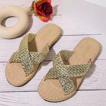 Women Slippers Summer Beach Fashion Cross Sandals Straw Soft Bottom Outdoor Beach Slippers Comfortable Lightweight Sides Women 36