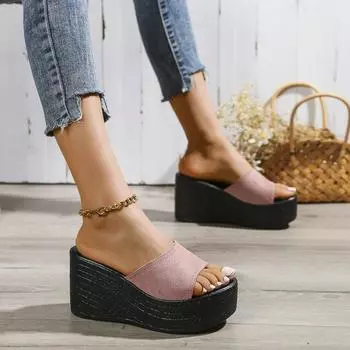 Women Slippers Summer Fashion Platform Wedge Slippers Woman High Heel Open Toe Plus Size Sandals Casual Comfortable Slides Women 34 бежевый