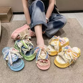 Women Slippers Summer Fashion Versatile Thick Soled Canvas Women Fashion Outdoor Casual Beach Slippers for Women 35 синий