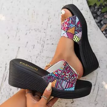 Women Slippers Summer New Thick Sole Slope Heel Casual Slippers Comfortable Large Size Printed Fashion Sandals Slides Women 36