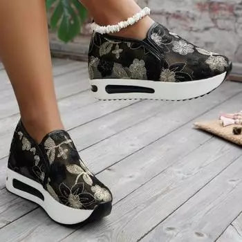 Женские кроссовки 2024 года, новые, весна-осень, дышащие, кружевные, сетчатые, с цветочным узором, с круглой головкой, толстая подошва, удобные, повседневные кроссовки, дизайнерская обувь 36 чёрный