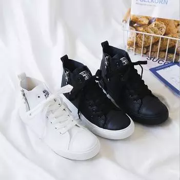 Women Sneakers 2024 New Spring Autumn Leather Men Casual Shoes White Zippers Fashion Shoes High top Flats Zapatos de mujer 35 чёрный