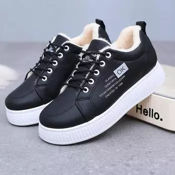Women Sneakers 2024 Winter New Plush Cotton Shoe Height Increasing Student Casual Lace Up Comfortable Anti Slip Warm Shoes 35 чёрный