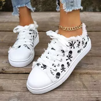 Women Sneakers Skull Bat Pattern Flat Vulcanized Shoes Fashion Lace Up Sneakers Women Casual Breathable Canvas Shoes 36