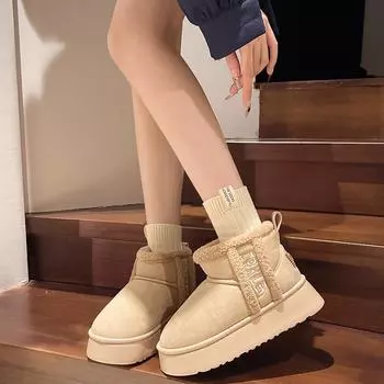 Women Snow Boot 2024 New Winter Thickened Fluff Boots Women Waterproof Comfortable Ankle Boots Fashion Warm Platform Shoes Women 36 бежевый