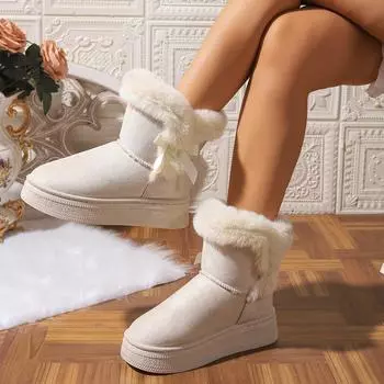 Women Snow Boots Anti-Slip Wear-Resistant Plush Boots Women Winter New Round Toe Bow Platform Shoes for Women Zapatos De Mujer 36