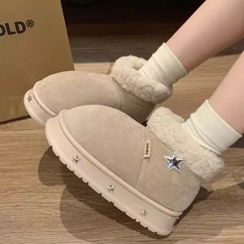 Women Snow Boots New Winter Warm Cotton Shoes for Women Warm Plush Couples Shoes Thickened Fluff Solid Comfortable Boots Women 36 бежевый
