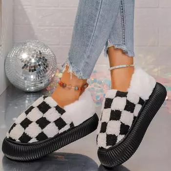 Women Snow Boots Winter Fuzzy Fashion Checker Embroidery House Shoes for Women Cozy Fluffy Retro Checkered Print Boots Women 36-37
