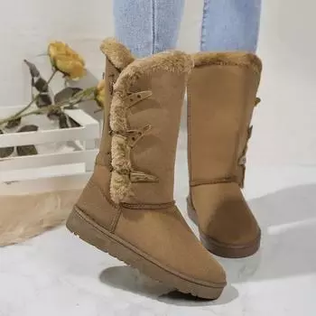 Women Snow Boots Winter Mid-calf Boots Warm Cotton Shoes Fashion Solid Color Button Ladies Brown Long Boots Plus Size 41 36 хаки