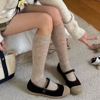 Women Socks Autumn and Winter Warm Kniited Middle-tube Socks Women Japanese Fashion Solid Color Loose Long Socks Christmas Gifts EUR 35-40