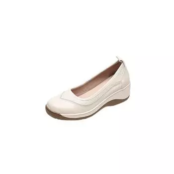 Women Soft Leather Loafers Thick Soled Lazy Sponge Cake Shoes Women s Round Toe Single Shoes Breathable Lightweight White Shoes 35 бежевый