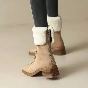 Women Soft Leather Snow Boots Non Slip Thick Plush Faux Suede Fur Boots Winter Warm Cotton Padded Platform Ankle Botas Mujer24 35 абрикосовый