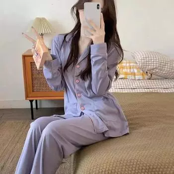 Женские однотонные повседневные пижамные комплекты с длинным рукавом, милые повседневные пижамы, женские пижамные комплекты с отложным воротником, фиолетовые пижамы M фиолетовый