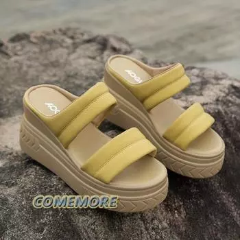 Women Solid Color High Heels Sandals Open Toe Non-slip Platform Wedge Heel Summer Casual Shoes Round Head Beach Elegant Slippers 35 жёлтый