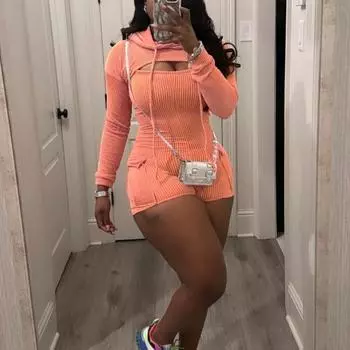 Женский однотонный ребристый комплект из двух предметов, накидка с длинными рукавами и капюшоном + карманы на бретельках, комбинезоны, модные эластичные уличные костюмы S чёрный