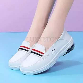 Women Sports Shoes Summer Hollow Wedge Sneakers Women Leather Casual Loafers White Flats Slip on Vulcanized Sport Shoes 34