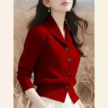 Women Spring and Autumn Turndown Collar Knited Cardigan Ladies Korean Version Elegant Knitwear Tops 2XL