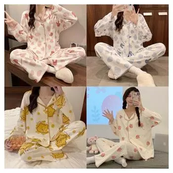 Женский пижамный комплект весна-осень из двух предметов с длинными рукавами и брюками, кардиган с V-образным вырезом, тонкая свободная домашняя одежда с милым рисунком из мультфильмов L синий