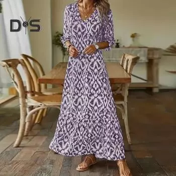 Women Spring Fall Dress V Neck Loose Half Sleeve Ankle Length Color Matching Print Patchwork Pullover A line Big Swing Soft Lady Maxi Dress L белый
