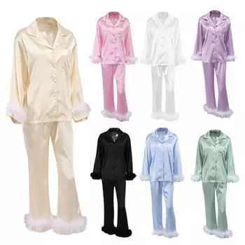 Женские весенне-осенние мягкие пижамные комплекты с меховой отделкой и перьями, с длинным рукавом, на пуговицах, сатиновые шелковые рубашки, брюки, домашняя одежда, одежда для сна, домашняя одежда S