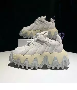 Women Spring Genuine Leather Shoes Casual Lady High Heel Chunky Sneakers Platform Fashion Lace-up Height Increasing Thick Bottom 35