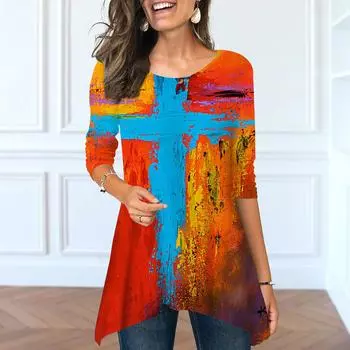 Women Spring O Neck Cross Print Tops Fashion Long-sleeved Irregular Hem T-shirt Tops XS синий