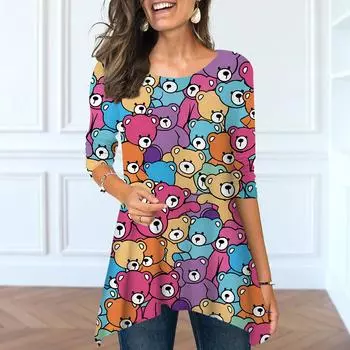 Women Spring O Neck Panda Print Tops Fashion Long-sleeved Irregular Hem T-shirt Tops XS розовый