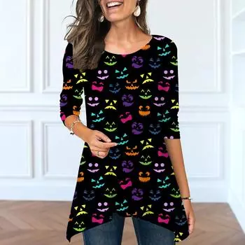 Женские весенние топы с круглым вырезом и принтом тыквы для вечеринок, модные футболки с длинными рукавами и неровным подолом XS темно-синий
