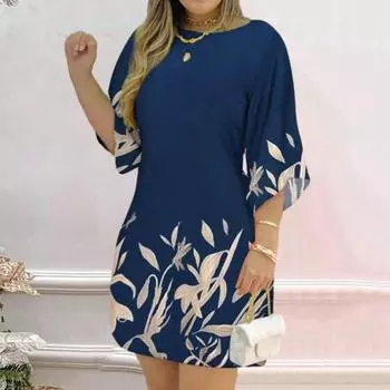 Женское весенне-летнее платье трапециевидной формы с круглым вырезом, свободное по цвету, с принтом листьев, с половиной рукавом, мягкое повседневное мини-платье длиной выше колена M темно-синий