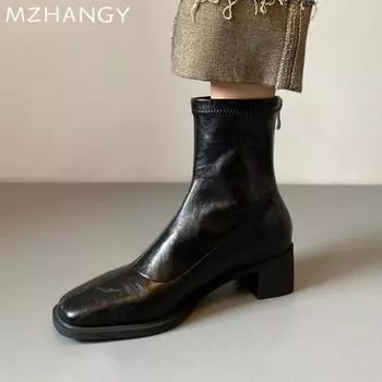 Women Square Toe Leather Ankle Boots Mid Heels Elegant Shoes Woman 2025 Trend Winter Fashion Sexy Pumps Motorcycle Boots Mujer 35 чёрный