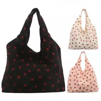 Women Strawberry Pattern Handbag Large Capacity Canvas Simple Shoulder Bag Strawberry Shoulder Handbag Female Outdoor Bag розовый