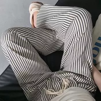 Women Striped Long Pants Elastic Waist Casual Loose Straight Wide Leg Trousers Plus Size XL белый