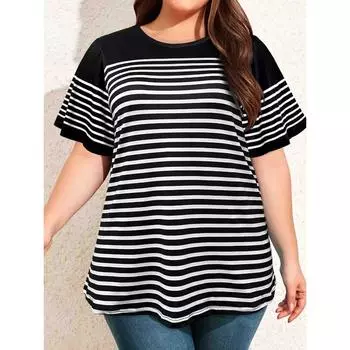 Women Striped T Shirts Oversized Crewneck Short Sleeve Tops Summer Casual Blouse Color Block Basic Tee S чёрный