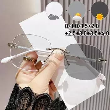 Women Stylish Photochromic Reading Glasses Men Unisex Blue Light Blocking Presbyopia Fashion Rimless Color Changing Eyewear +400