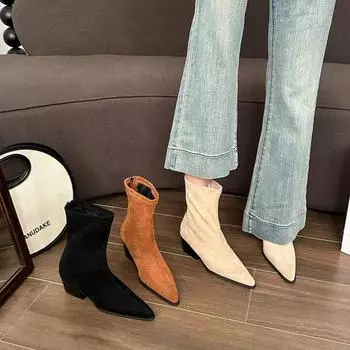 Women Suede Ankle Boots Heels Shoes Fashion Sexy Pointed Toe Shoes Women Trend Snow Boots 35 бежевый