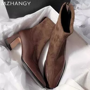 Женские замшевые ботильоны с квадратным носком и средним каблуком, женская мода 2025 года, элегантные зимние нарядные мотоциклетные ботинки для вечеринок, Mujer 35 чёрный