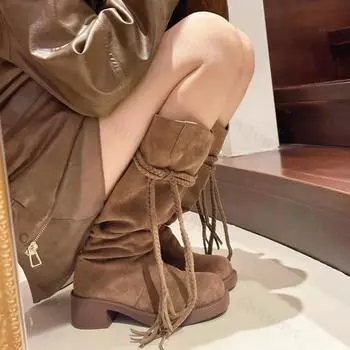 Женские замшевые сапоги до колена, новые модные ковбойские сапоги с кисточками, туфли в стиле вестерн на высоком каблуке с круглым носком, женские длинные римские сапоги 39