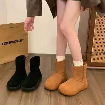 Women Suede Leather Warm Snow Boots 2024 Winter New Causal Plush Fluffy Anti-cold Boots Plus Size Women Platform Shoes 35 чёрный