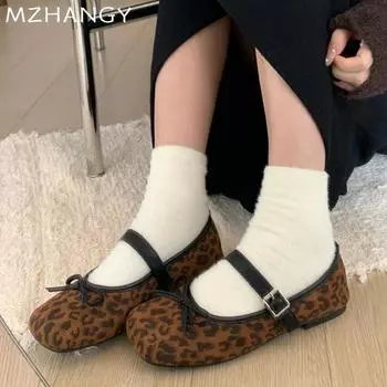 Women Suede Shallow Ballet Dance Shoes Bow Flats Loafers Shoes Woman 2025 Trend Casual Walking Winter Mary Jane Shoes Zapatillas 35