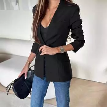 Женский пиджак с лацканами, длинный рукав, одна пуговица, пиджак, однотонный клапан S чёрный