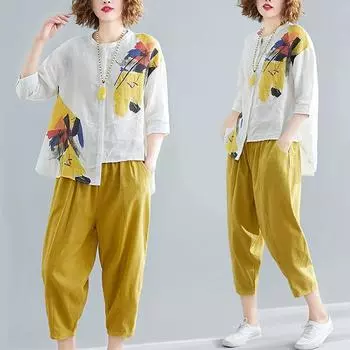 Women Suit Summer Cotton Linen T-shirt Pants Two Piece Set Comfortable Retro Print Two Piece Suit Plus Size XXXXXL чёрный