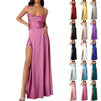 Women Summer Backless Long Satin Dress Cowl Neck Cross Spaghetti Strap Party Long Dress S