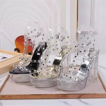 Женские летние туфли на высоком каблуке 13 см, на платформе 3,5 см, с заклепками, мюли, женские прозрачные тапочки, туфли на прозрачном каблуке 42 красный