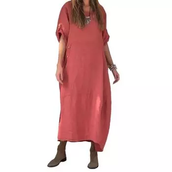 Женское летнее хлопково-льняное платье макси, повседневные свободные платья с короткими рукавами и круглым вырезом с разрезом, неровный подол S зелёный